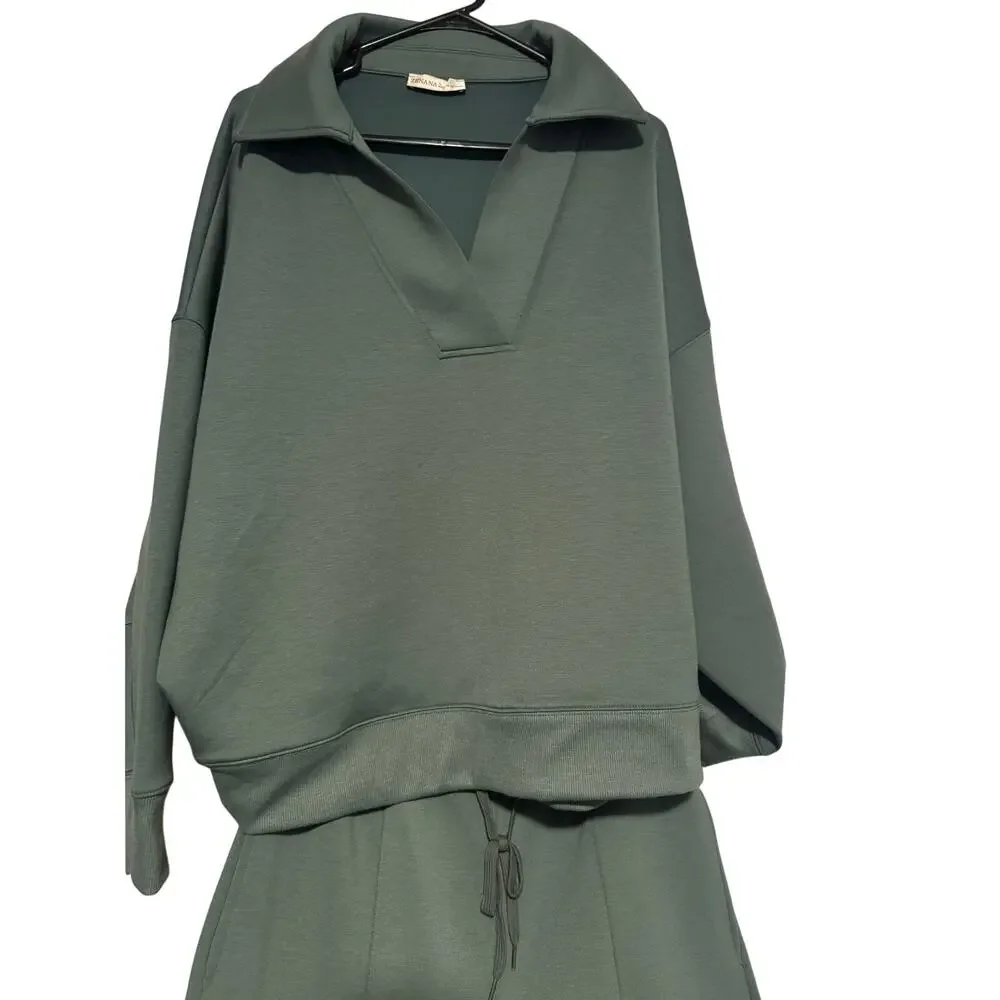 Zenana Green Polo Neck Women's Sweatshirt Matching Set Inseam 3, Pants 34